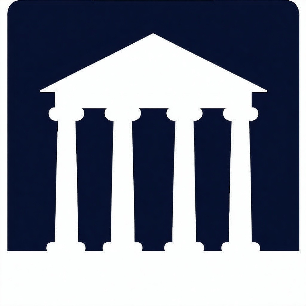 The minimalist icon symbolizing a bank features a simple geometric design that evokes the essence of a traditional bank building It typically includes a stylized representation of a colonnade or pillars signifying stability and trust often rendered i-1